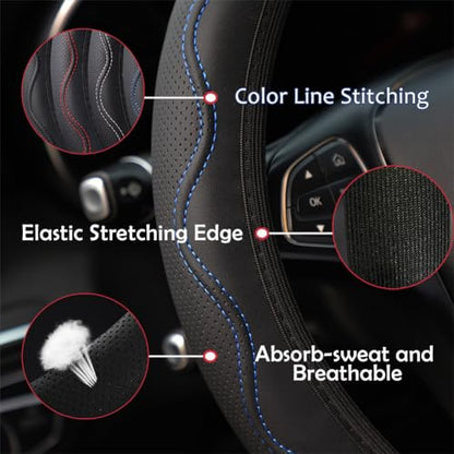 Elastic Stretch Steering Wheel Cover Universal 15 inch Steering Wheel Covers Soft Microfiber Leather Breathable Anti-Slip Durable Car Accessories Fit for Suvs, Vans, Trucks - Blue - color: Blue