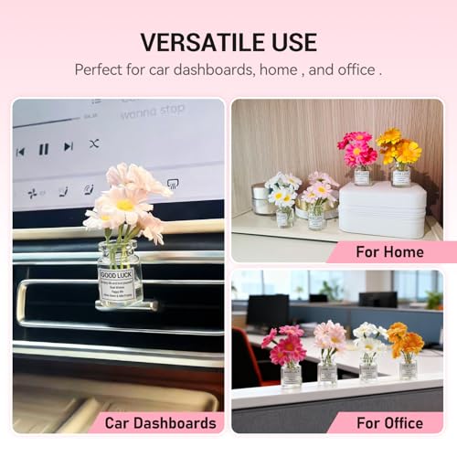 Daisy Car Dashboard Decorations - 4 Pack Mini Floral Accessories for Women - Secure Adhesive & Residue-Free Removable Vases for New Car Gift