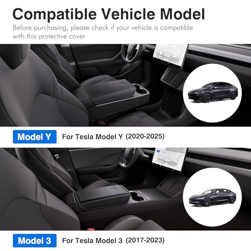Center Console Armrest Cover for Tesla Model 3 2017-2023 & Model Y 2020-2025 - Black Genuine Leather Armrest Protector, Scratch Resistant Interior | Easy Install Skin with Bonus Key Card Holder - color: Black