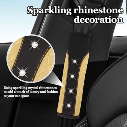 Hovom 2PCS Bling Car Seat Belt Cover Pad, Leather Seatbelt Covers for Cars, Soft Safety Seatbelt Shoulder Strap Covers, Rhinestone Auto Seat Belt Protector Cushion for Women Girls (Beige) - color: Beige