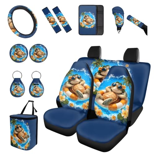 Forchrinse Hawaiian Sea Turtle Car Seat Covers 15 Pcs Auto Interior Cover Set with Steering Wheel Cover,Armrest Seatbelt Pads,Car Garbage Can,Coaster,Handbrake Gearshift Cover for SUVs Trucks - color: Hawaiian Sea Turtle Pattern