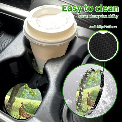 Universal Auto Center Console Pad and 2Pcs Car Coasters Set, Anti Slip Soft Neoprene Car Armrest Seat Box Cover Protector Universal Fit - Car Interior Accessories, Pampas Deer - color: 492