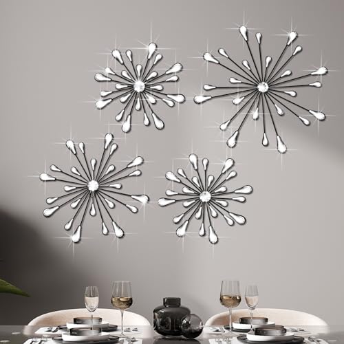 Hicarer 4 Pcs Starburst Wall Decor Bling Wall Art Crystal Teardrop 3D Hanging Rhinestone Radial Metal Artwork Modern Accent Sculptures Decorations for Living Room Home Office Bedroom(Black) - color: Black