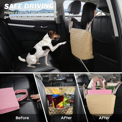 Car Organizers and Storage Purse Holder, Large Capacity Car Net Pocket Handbag Holder, Automotive Consoles & Backseat Organizer, Leather Back Seat Bag Between Car Front Seats, Beige - color: Beige