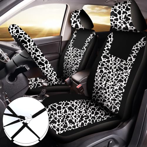 Frienda 17 Pcs Cow Print Car Accessories Set, Includes Seat Covers Set Cow Steering Wheel Cover Armrest Pad Cover Seat Belt Pads Mats Keychain and Wrist Strap for Women Cute Car Interior Decor - style: Cow Print