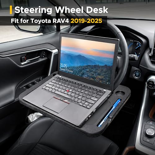 EcoNour Steering Wheel Desk Tray Compatible for Toyota RAV4 2019-2025 |Car Laptop Mount Tray with Pen Holder | Food & Drink Holder | Multipurpose Travel Car Accessories - size: Fit for Toyota RAV4 2019-2025