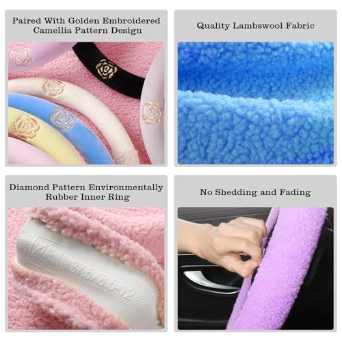 Black Camellia Lambswool Steering Wheel Cover, for Universal Auto Steering Wheel 14.5-15 in, Lambswool Fabric, Anti-Slip, Soft Plush, Comforting and Luxurious, Embroidery Patterns, Soft Texture - color: Black