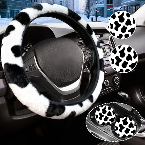Black and White Cow Print Fuzzy Steering Wheel Cover for Women, Universal Auto Steering Wheel 14-15 Inch Soft Warm Car Interior Accessories with 2PCS Car Coasters, Suitable for Men and Women - color: black cow