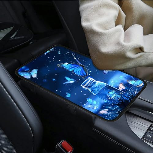 Universal Auto Center Console Pad and 2Pcs Car Coasters Set, Anti Slip Soft Neoprene Car Armrest Seat Box Cover Protector Universal Fit - Car Interior Accessories, Blue Butterfly - color: 511