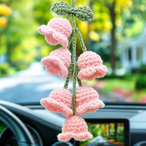 Car Mirror Hanging Accessories - Handmade Knitted Lily Flower Pendant, Cute Crochet Hanging Decor for Rearview Mirror, Women's Car Interior Decoration (1 PCS/6 Flowers, Pink) - color: Pink-6