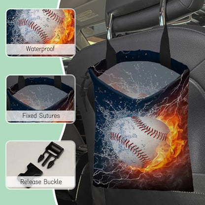 Baseball Ball Car Garbage Bag,Fire Ball Waterproof Small Car Trash Bag Hanging Back of Seat,Drawstring Hanging Car Trash Bag with Adjustable Buckle for Car Accessories - color: Baseball Ball
