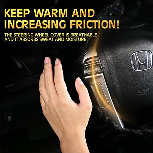 Warm Steering Wheel Cover with Handbrake Cover & Gear Shift Cover, Soft Fazzy Steering Wheel Wrap Faux Wool Fluffy for Winter 3 Pcs1 Set Fit Most of Car(Black) - color: black