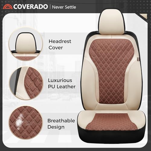 Coverado Front Seat Covers, Luxury Diamond Leather Car Seat Cover with Carbon Fiber Weave, Waterproof Car Seat Cover Driver Seat Cover Spill-Proof Design Universal Fit for Most Cars, Beige&Brown - color: BeigeBrown, size: Front