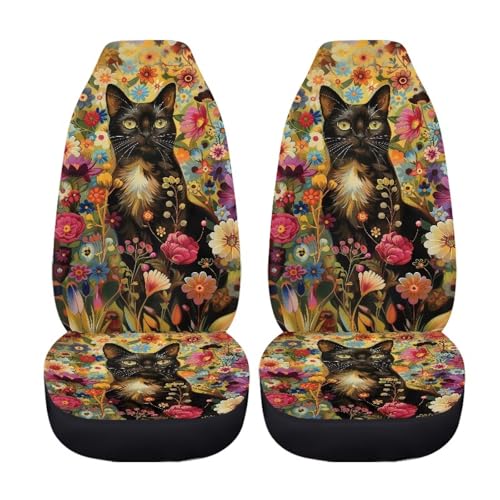 Black Cat Flower Print Universal Car Seat Covers, Scratch-Resistant Vehicle 2 Pices Front Bucket Seats Protector Elastic Material Auto Interior Accessories for SUV Van Truck - color: Black Cat Flower