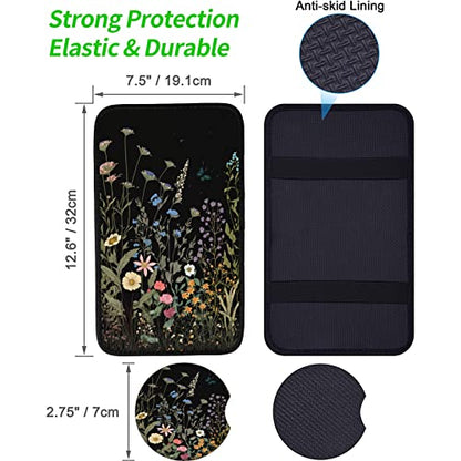 Car Armrest Cover Pads Universal Fashion Cute Auto Center Console Armrest Cover Pad with 2PCS Car Coasters Soft Waterproof Car Armrest Seat Protector for Women Girls, Wildflowers