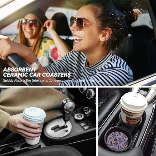 Purple Lavender Flower Absorbent Ceramic Car Coasters for Cup Holders, 2.56" Anti Slip Insert Cup Coasters for Women Men (2 PCS) - color: Purple Lavender Flower