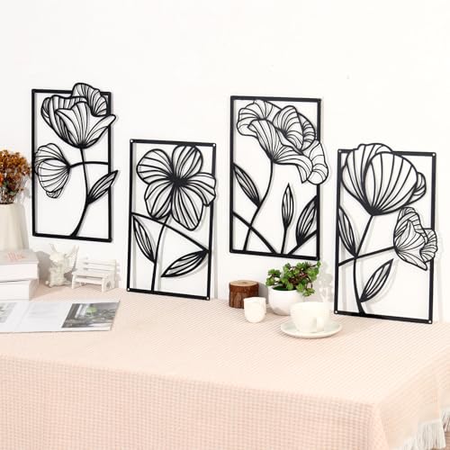 KOYILTD 4 Pcs Black Metal Wall Art Metal Flowers Wall Art Black Minimalist Line Art Wall Decor Room Decor Aesthetic Modern House Decor for Living Room Bedroom Bathroom Kitchen (Elegant)