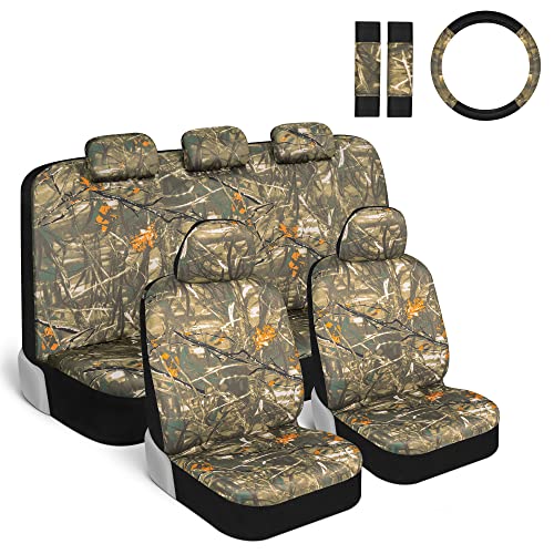 BDK Hunter Camo Car Seat Covers Full Set with Camo Steering Wheel Cover and Seat Belt Cover Pad – Forest Camouflage Pattern, Automotive Front Seat & Bench Back Seat Cover for Cars Trucks SUV - color: Hunter Camo