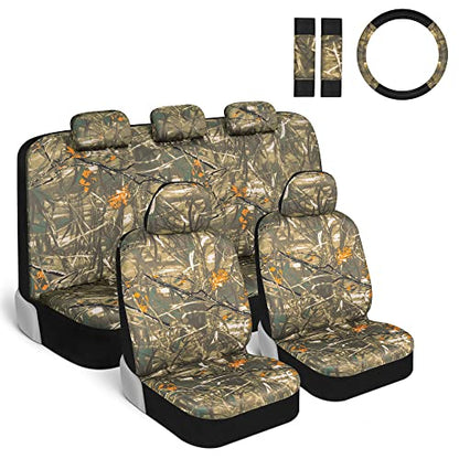 BDK Hunter Camo Car Seat Covers Full Set with Camo Steering Wheel Cover and Seat Belt Cover Pad – Forest Camouflage Pattern, Automotive Front Seat & Bench Back Seat Cover for Cars Trucks SUV - color: Hunter Camo