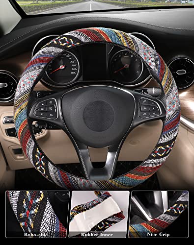 SEG Direct Boho Steering Wheel Cover with Baja Blanket Cloth, Ethnic Style Auto Wheel Cover Made of Coarse Flax, Fits 14 1/2-15 1/4 inches Car Wheel - color: Spinning Rainbow