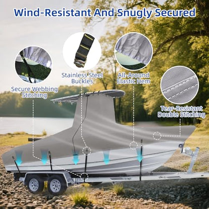 Marine Grade Waterproof Center Console Boat Cover with T Top Roof, Tear Resistant Trailerable Storage Covers, All-Weather Protection T-Top Boat Cover 20-22 ft, Beam Width Up to 106", Gray - color: Gray, size: 20'-22'Long (Beam width up to 106'')
