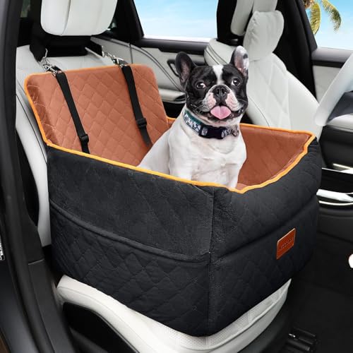 Small Dog Car Seat, Memory Foam Dog Booster Seats with Thick Cushion for Medium Dogs Under 35lbs, Detachable Washable Pet Car Seat Travel Bed with Storage Pockets,2 Safety Belts - color: Black+brown