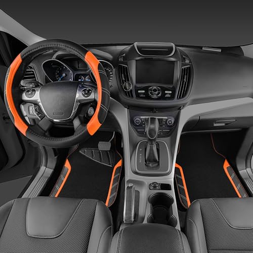 CAR PASS Leather Steering Wheel Cover and Waterproof Car Floor Mats,Microfiber Universal Car Combo Fit for 95% Sedan SUV Van Truck,14.5-15inch Sporty Anti-Slip Safety Comfortable Design, Black＆Orange - color: Black&Orange