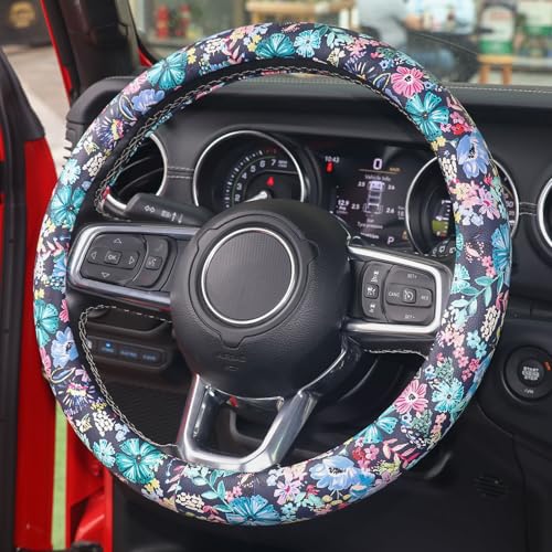 Leather Steering Wheel Cover Cute, 14.5-15inch, Auto Floral Steering Wheel Protector, Anti-Slip, Breathable, Absorbing Sweat, Car Accessories for Women, Dark Blue
