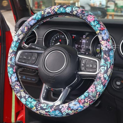 Leather Steering Wheel Cover Cute, 14.5-15inch, Auto Floral Steering Wheel Protector, Anti-Slip, Breathable, Absorbing Sweat, Car Accessories for Women, Dark Blue