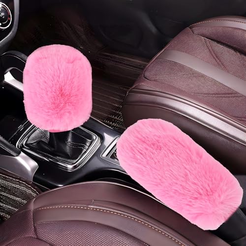 Hovom 2PCS Fluffy Car Gear Shift Knob Cover & Handbrake Cover, Soft Plush Hand Brake Handle & Gear Shift Cover for Women Girls, Universal Comfortable Warm Furry Car Accessories (Pink)