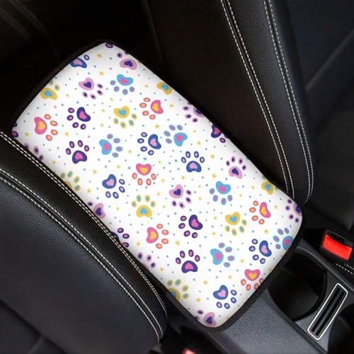UNICEU Car Center Console Cover Pad Colorful Dog Paw Print Universal Fit Waterproof Comfort Cars Armrest Cushion for Most Vehicle SUV Truck - color: Colorful Dog Paw