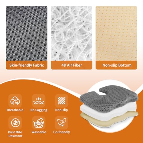 Gooo&Ma Car Seat Cushion & Office Chair Pad - Air Fiber Breathable U-Shape Cooling Cushion for Tailbone Comfort, Driving, Desk & Gaming, Ergonomic Washable Seat Pad with Non-Slip Base(Grey)