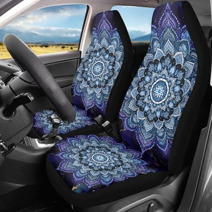 INSTANTARTS Blue Mandala Car Seat Covers 2 Piece Polyester Front Bucket Seat Protectors, Boho Style Soft & Durable, Universal Fit for Most Cars SUVs Sedan - color: Blue Mandala