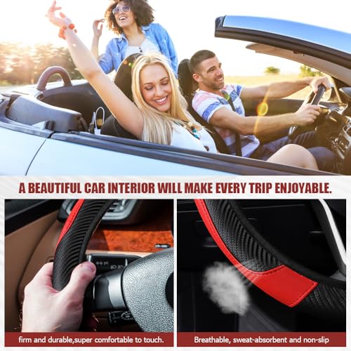 Car Steering Wheel Cover, Steering Wheel Protector, Universal 14.5-15 Inch Microfiber Leather Breathable Auto Steering Wheel Covers, Carbon Fiber Steering Wheel Cover for Women Men (Red) - color: Red