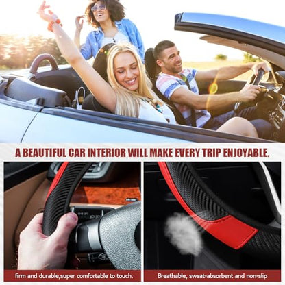 Car Steering Wheel Cover, Steering Wheel Protector, Universal 14.5-15 Inch Microfiber Leather Breathable Auto Steering Wheel Covers, Carbon Fiber Steering Wheel Cover for Women Men (Red) - color: Red