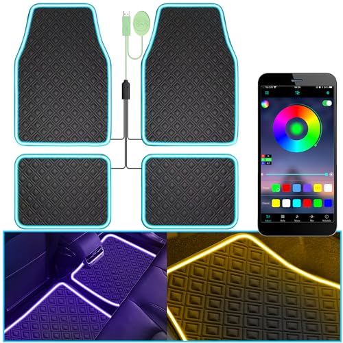Car Floor Mats with Led Strip Light, Premium Universal Fit Black Automotive Carpet, Interior Car Lights Floor Mats,App Control Faux Leather Anti-Slip Waterproof Neon Car Decor Accessories for SUV Etc. - color: PU Leather Black-APP