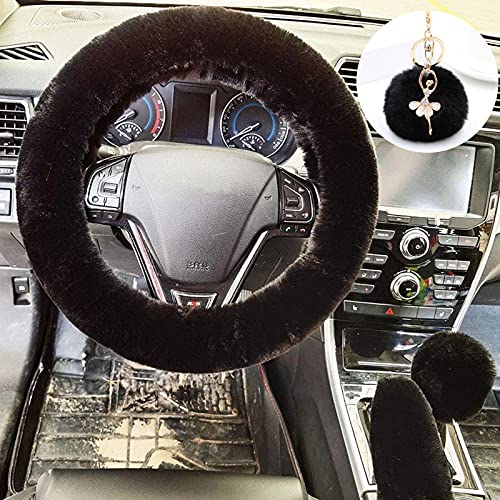 ZYNQACC 4PCS Set Fluffy Steering Wheel Covers with Handbrake Cover&Gear Shift Cover&Plush Keychain Faux Wool Furry Steering Wheel Cover For Women Auto Interior Universal Fit for 15 Inch (Black)