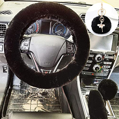 ZYNQACC 4PCS Set Fluffy Steering Wheel Covers with Handbrake Cover&Gear Shift Cover&Plush Keychain Faux Wool Furry Steering Wheel Cover For Women Auto Interior Universal Fit for 15 Inch (Black)