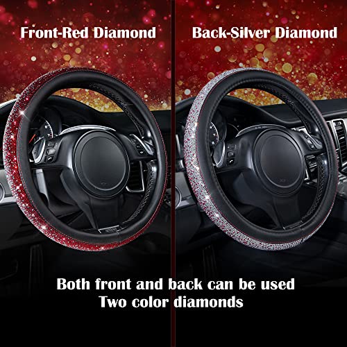 CAR PASS Bling Diamond Leather Steering Wheel Cover, Bling Sparkly Crystal Glitter Rhinestones Universal Fit 14" 1/2-15" Car Wheel Protector for Women Girl Fit Suvs,Vans,Sedans,Trucks, Red Silver - color: Red Silver Diamond