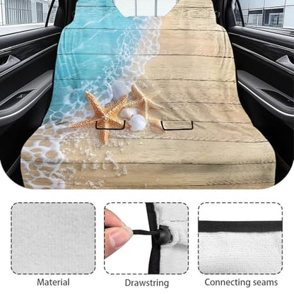 Beach Starfish Seashell Wood Print Back Seat Cover Waterpoof Rear Bench Towel Seat Cover for Gym Swimming Surfing Running, Non-Slip Rear Seat Protector Universal Fits Auto Truck Van SUV - color: Beach Starfish Seashell Wood