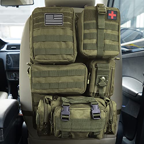 Universal Tactical Seat Back Organizer Vehicle Molle Panel Organizer Storage Bag with 5 Detachable Molle Pouch for All Vehicel Such as Jeep,Truck,SUV, Car, Ford,Chevy etc
