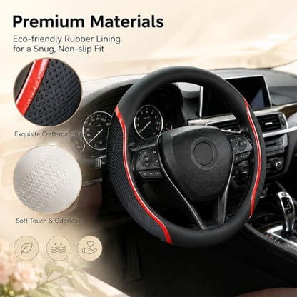 Steering Wheel Cover Black Red, Carbon Fiber Car Steering Wheel Covers with Coasters Universal 14.5-15 inch Leather Microfiber Breathable Anti-Slip Steering Wheel Accessories Set - color: Red, size: Medium