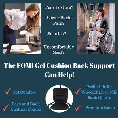 FOMI Gel Wheelchair and Low Back Chairs Seat and Back Cushion | Orthopedic Seat Pad, Firm Back Support and Lumbar Pillow for Wheelchairs, Car, Truck, Gaming | Pressure Sore, Coccyx Pain Relief