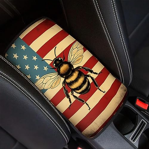 Car Center Console Pad, Universal Waterproof Car Armrest Seat Box Cover, Car Interior Accessories for Most Vehicle SUV Truck Vintage American Flag Bee Car Armrest Pad - color: vintage american flag bee