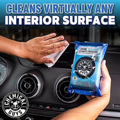 Chemical Guys Total Interior Cleaner & Protectant Wipes – 50 Pack Multi Surface Car Interior Cleaning Wipes for Dashboards, Doors and Seats – Safe for Trucks, SUVs, RVs and Home Use