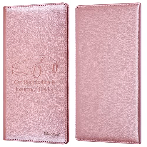 Car Insurance and Registration Holder, 9.5 x 5 Inch PU Leather Vehicle Glove Box Organizer Wallet Case for Insurance Card, Driver License, Paperwork - Rose Gold - color: RoseGold