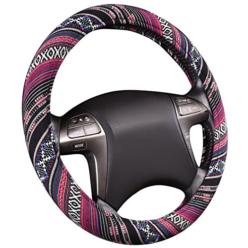 CAR PASS Boho Steering Wheel Cover, Ethnic Flax Cloth Universal Steering Wheel Cover,Anti-Slip Design, Fit 14.5-15 inches for Vehicles,Cars,SUV,Vans