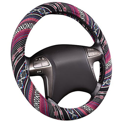 CAR PASS Boho Steering Wheel Cover, Ethnic Flax Cloth Universal Steering Wheel Cover,Anti-Slip Design, Fit 14.5-15 inches for Vehicles,Cars,SUV,Vans