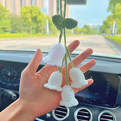 Handmade Knitted Rear View Mirror Pendant Ornament, Cute Car Accessories Aesthetic, Kawaii Car Decor for Home Decorative Pendants - style: White