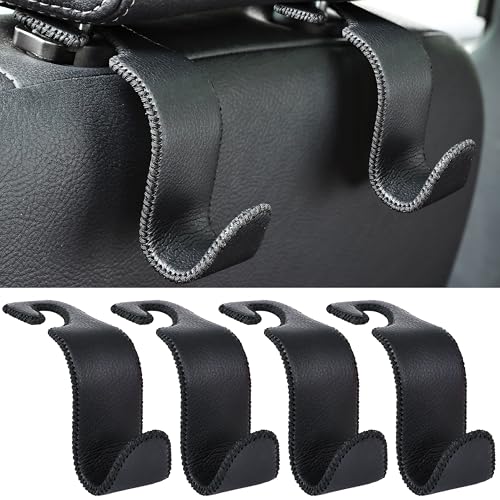Car Seat Headrest Hook 4 Pack Metal Core Hanger Universal Car Storage Organizer for Handbag Purse Coat S Type Leather Black - color: Leather Black
